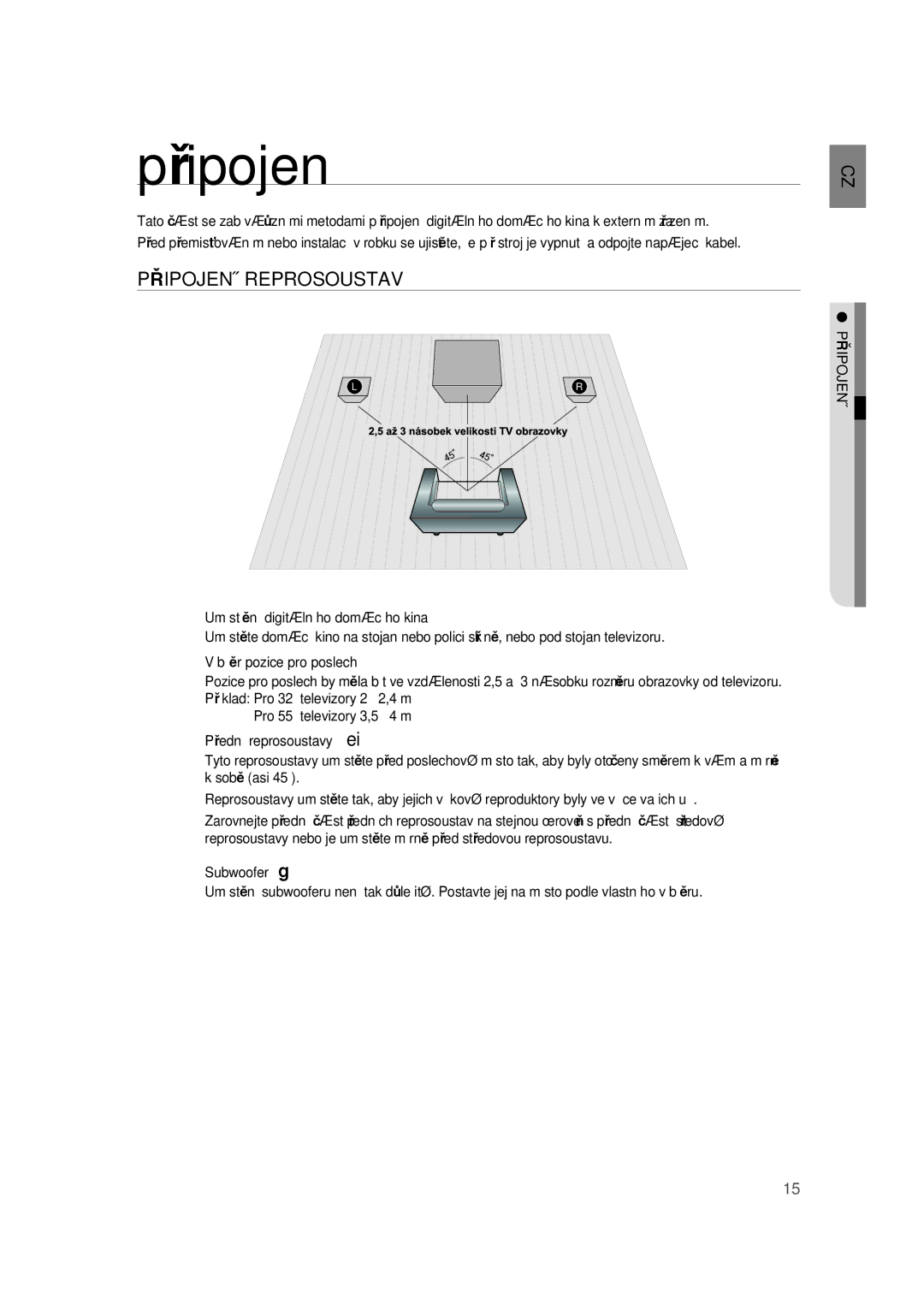 Samsung RTS-HE10R/EDC Připojení, Umístění digitálního domácího kina, Výběr pozice pro poslech, Přední reprosoustavy ei 