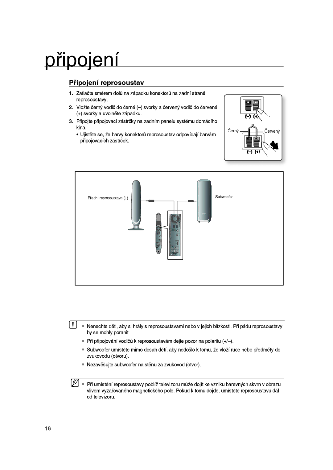 Samsung RTS-HE10T/XEF, RTS-HE10T/EDC Připojení reprosoustav, + svorky a uvolněte západku, Kina, Připojovacích zástrček 