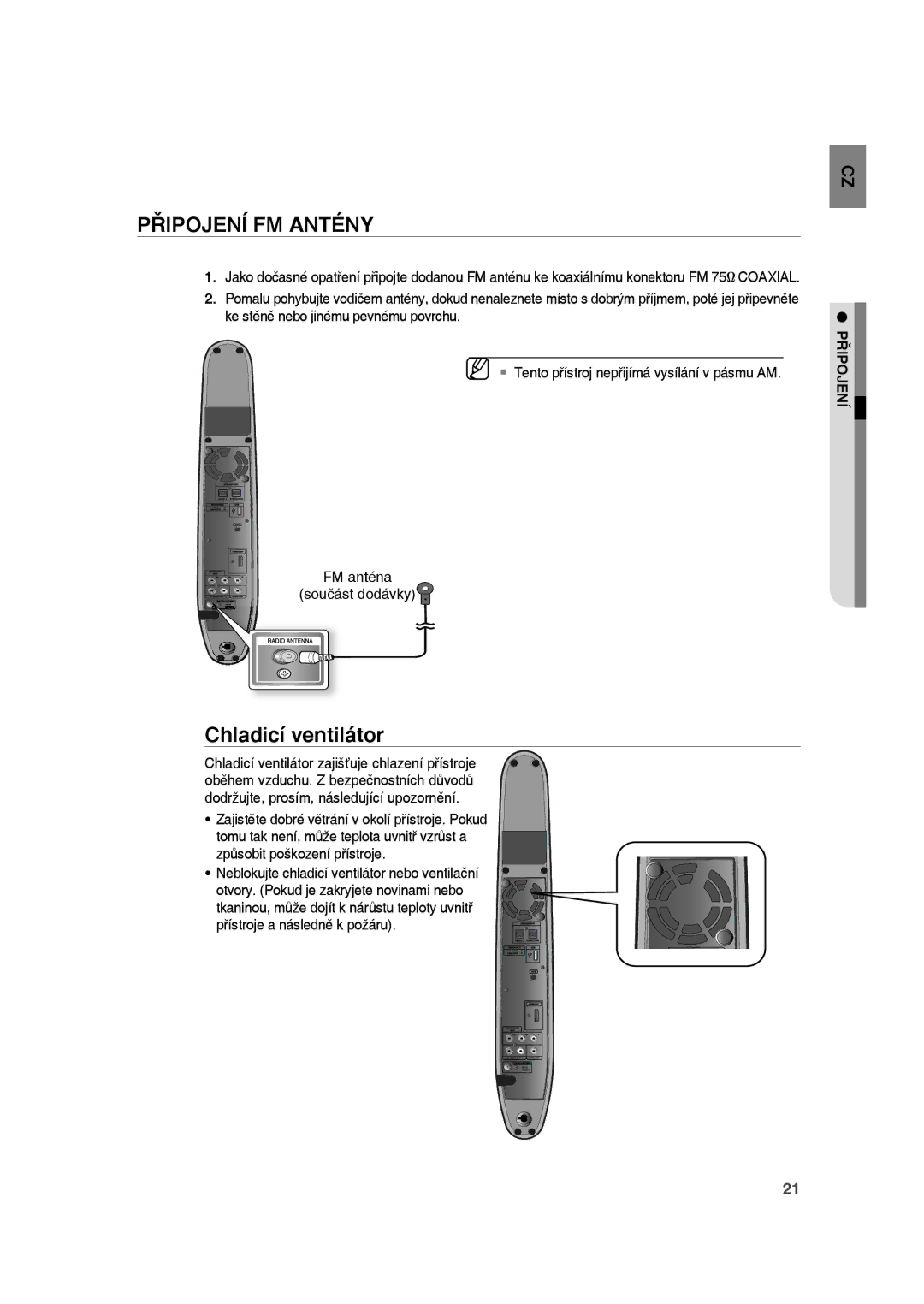 Samsung RTS-HE10R/EDC, RTS-HE10T/EDC, RTS-HE10T/XEF manual Připojení FM Antény, Chladicí ventilátor 