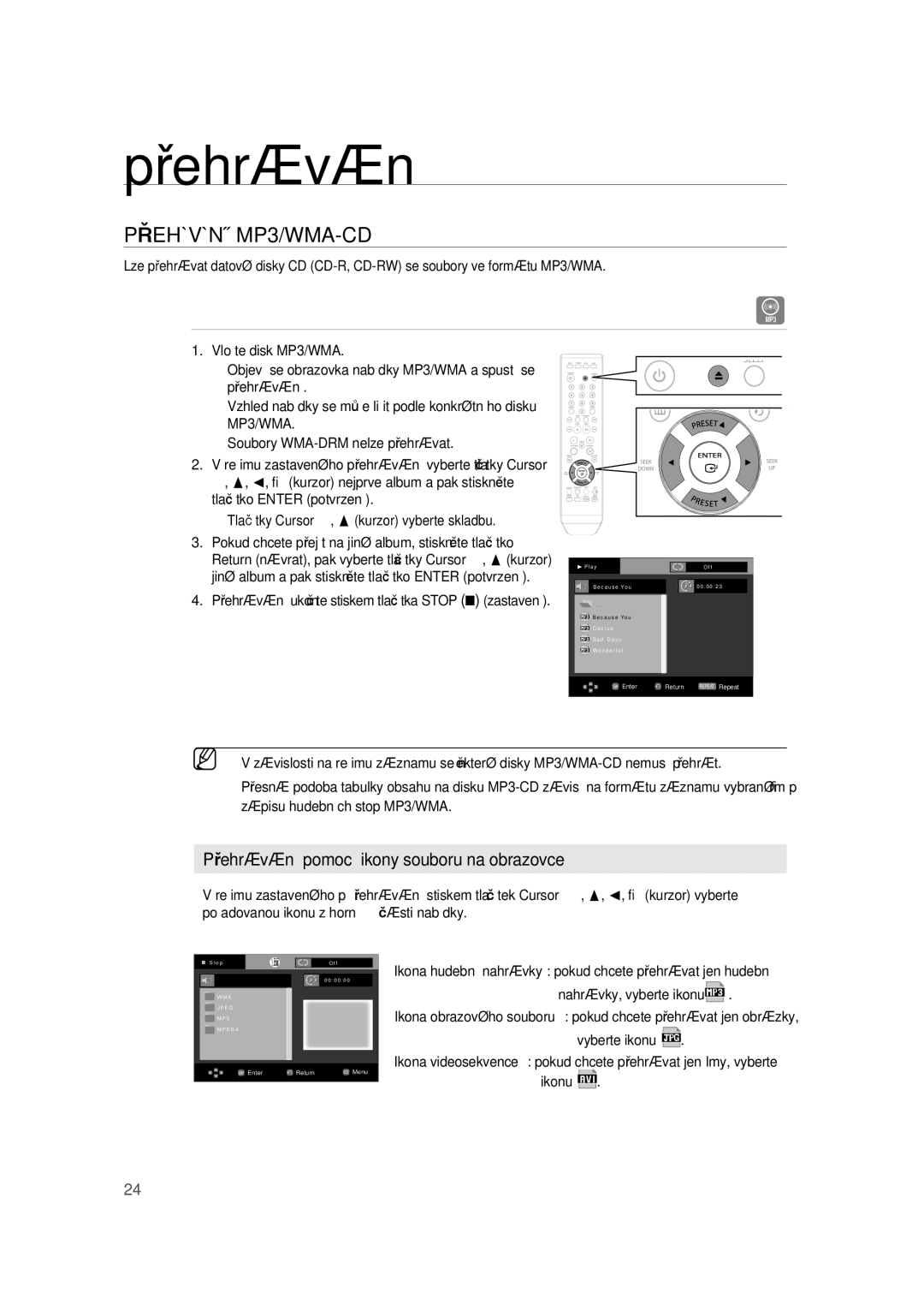 Samsung RTS-HE10R/EDC, RTS-HE10T/EDC manual Přehávání MP3/WMA-CD, Přehrávání ukončíte stiskem tlačítka Stop zastavení 