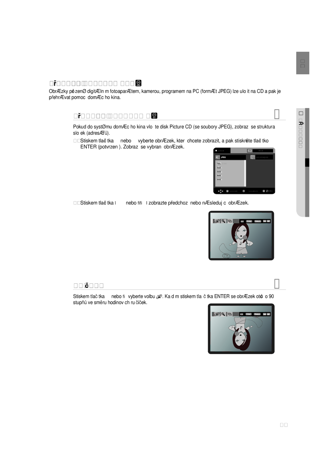 Samsung RTS-HE10T/XEF, RTS-HE10T/EDC manual Přehrávání Picture CD, Otočení, Enter potvrzení. Zobrazí se vybraný obrázek 