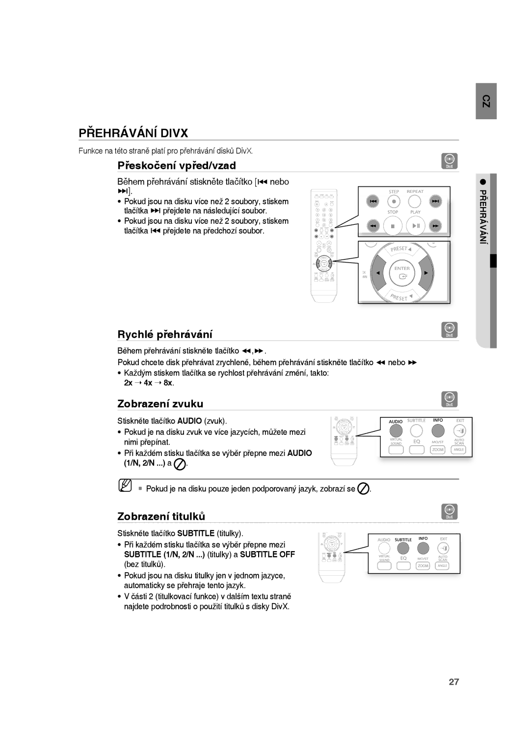 Samsung RTS-HE10R/EDC manual Přehrávání Divx, Přeskočení vpřed/vzad, Rychlé přehrávání, Zobrazení zvuku, Zobrazení titulků 