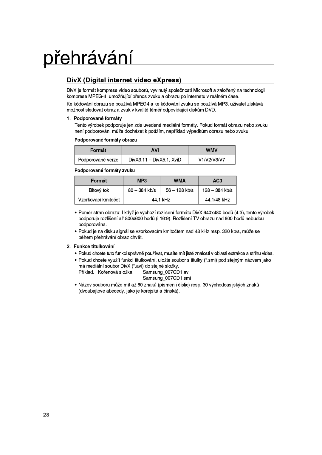 Samsung RTS-HE10T/XEF manual Podporované formáty obrazu Formát, Podporované formáty zvuku, MP3, Funkce titulkování 