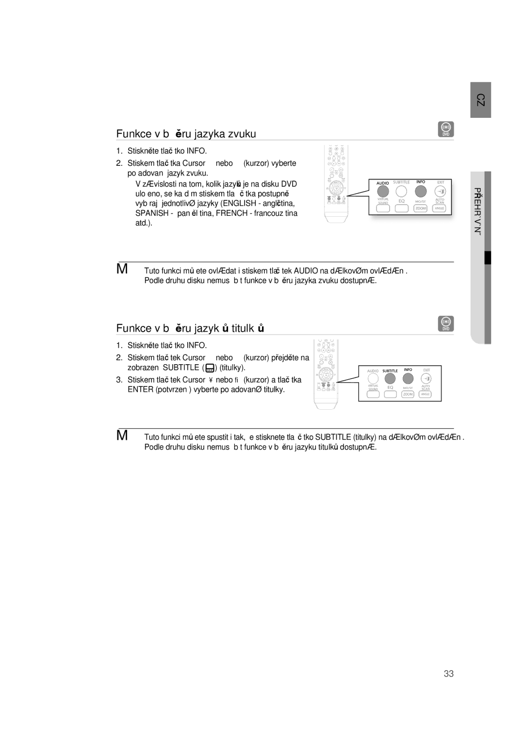 Samsung RTS-HE10R/EDC, RTS-HE10T/EDC, RTS-HE10T/XEF manual Funkce výběru jazyka zvuku, Funkce výběru jazyků titulků 