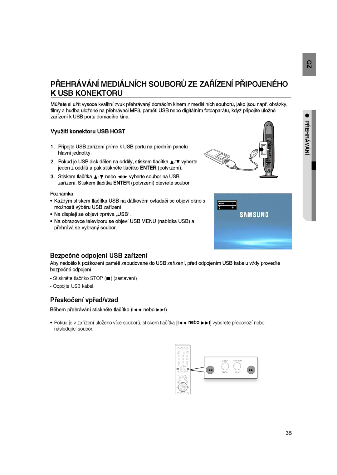 Samsung RTS-HE10T/EDC, RTS-HE10R/EDC, RTS-HE10T/XEF manual Bezpečné odpojení USB zařízení, Využití konektoru USB Host 