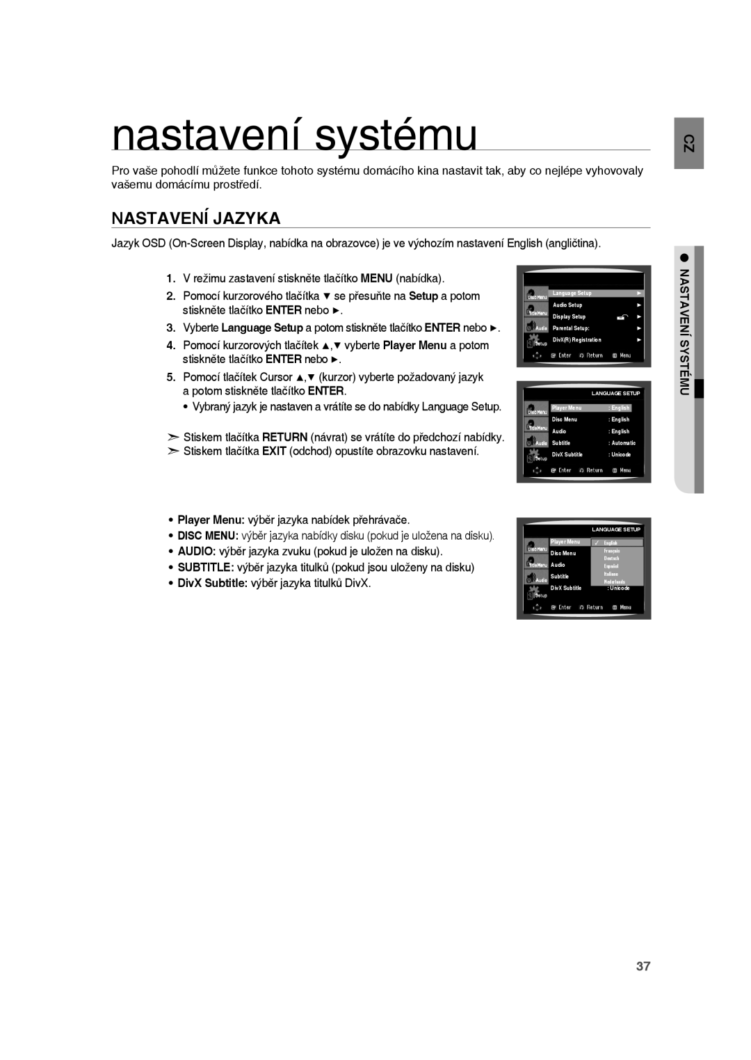 Samsung RTS-HE10T/XEF Nastavení systému, Nastavení Jazyka, Player Menu výběr jazyka nabídek přehrávače, Nastavení Systému 