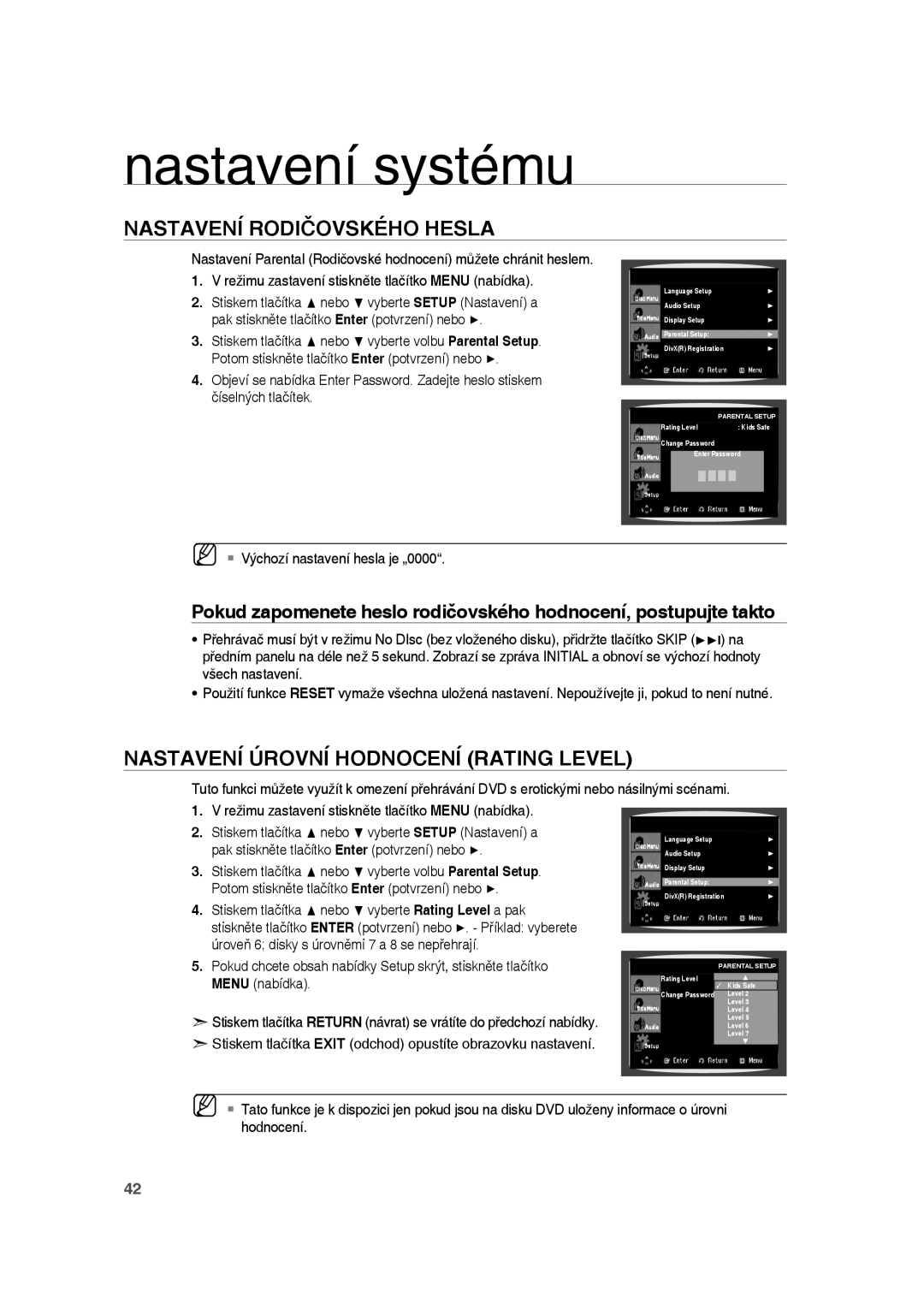 Samsung RTS-HE10R/EDC, RTS-HE10T/EDC, RTS-HE10T/XEF Nastavení Rodičovského Hesla, Nastavení Úrovní Hodnocení Rating Level 