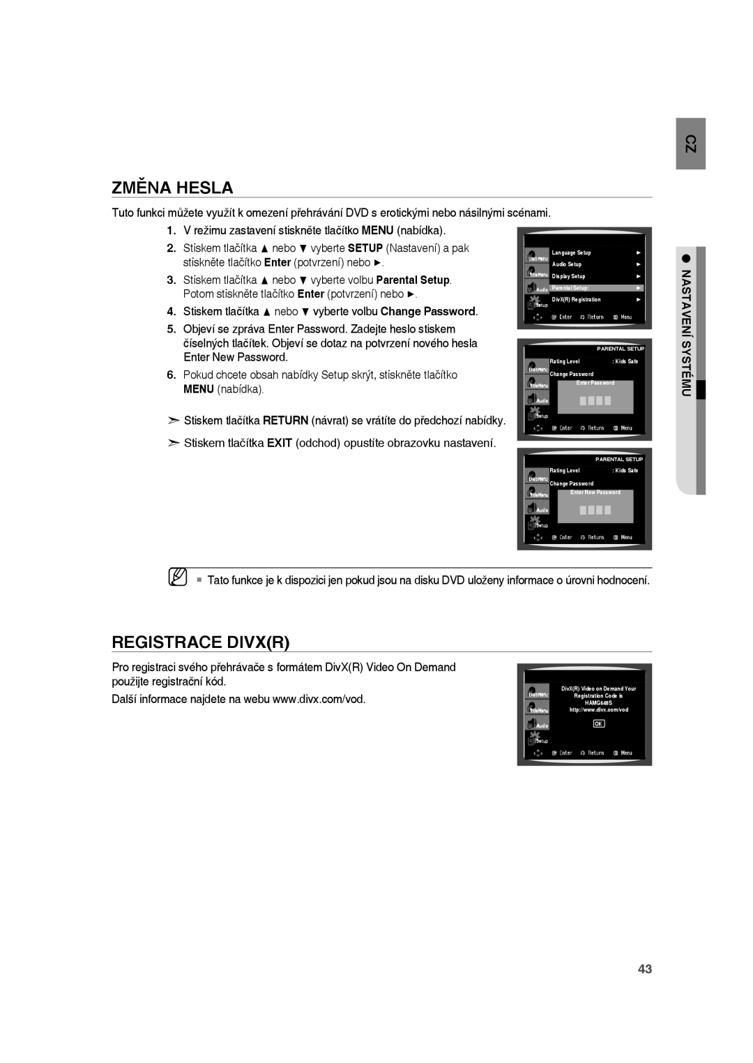 Samsung RTS-HE10T/XEF, RTS-HE10T/EDC, RTS-HE10R/EDC manual Změna Hesla, Registrace Divxr, Systému 