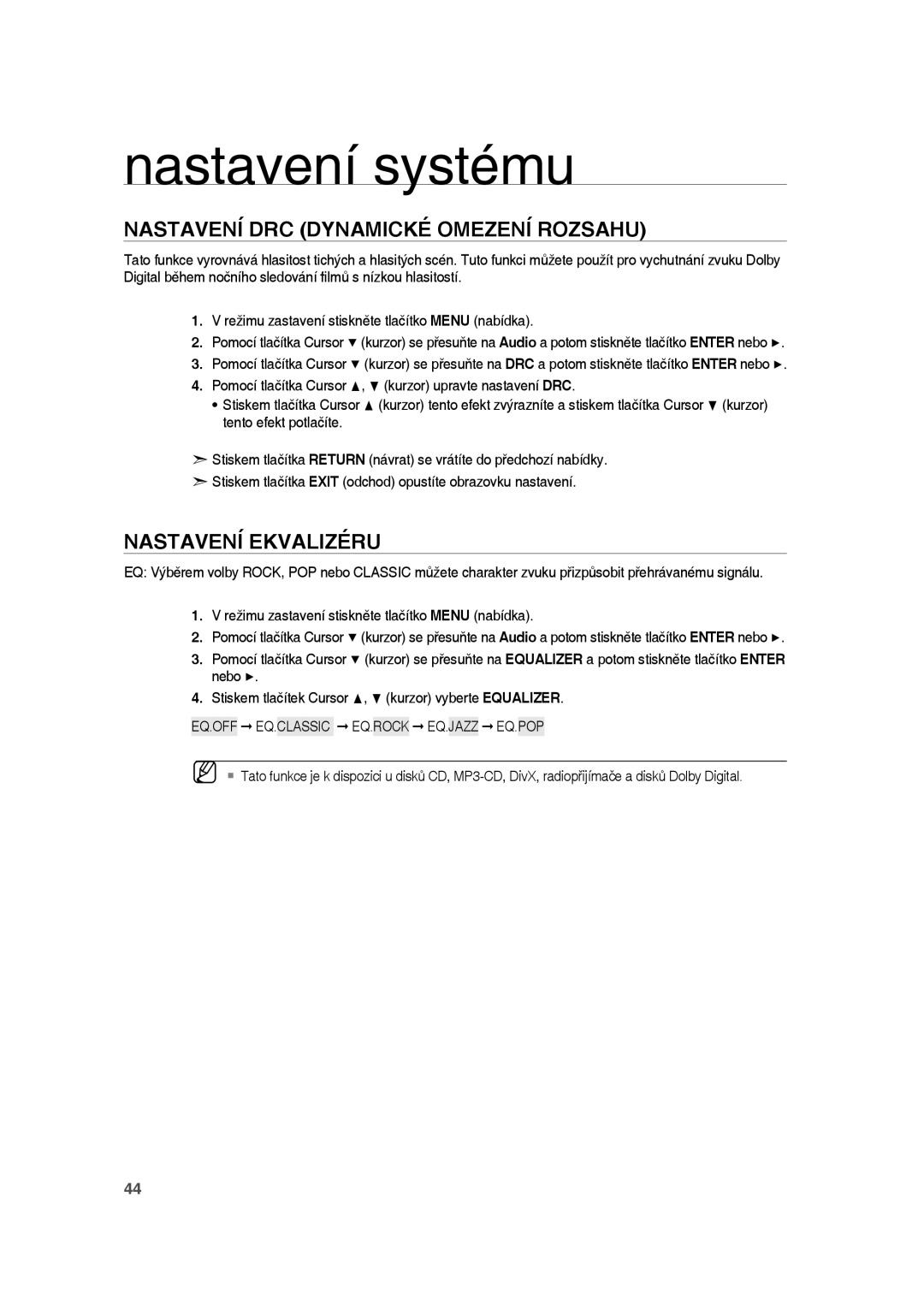 Samsung RTS-HE10T/EDC, RTS-HE10R/EDC, RTS-HE10T/XEF manual Nastavení DRC Dynamické Omezení Rozsahu, Nastavení Ekvalizéru 