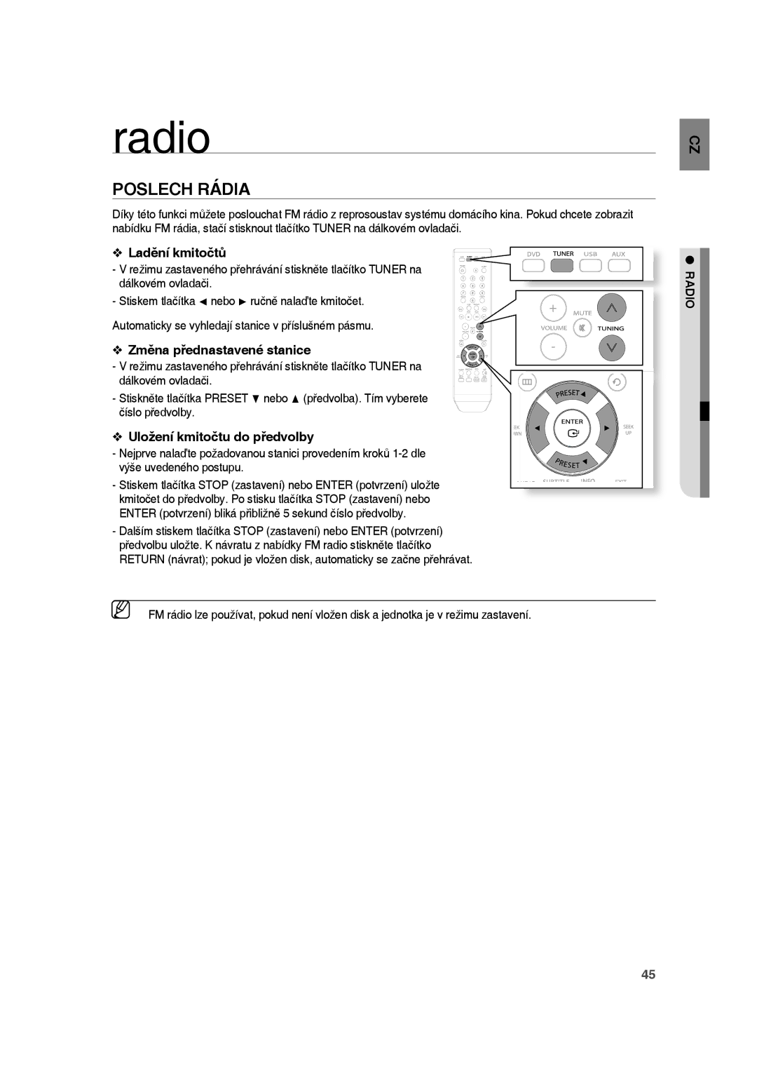 Samsung RTS-HE10R/EDC manual Poslech Rádia, Ladění kmitočtů, Změna přednastavené stanice, Uložení kmitočtu do předvolby 