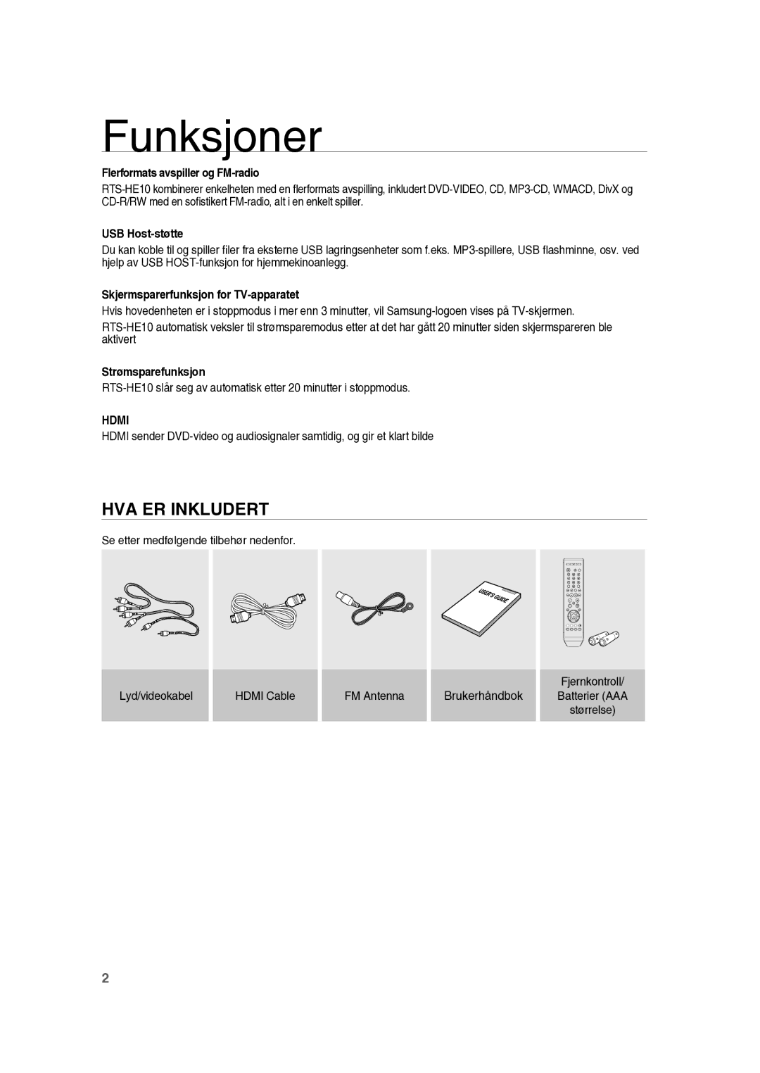 Samsung RTS-HE10T/XEE manual Funksjoner, HVA ER Inkludert 