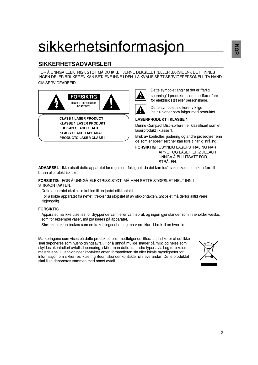 Samsung RTS-HE10T/XEE manual Sikkerhetsinformasjon, Sikkerhetsadvarsler, Dette symbolet angir at det er farlig, Forsiktig 