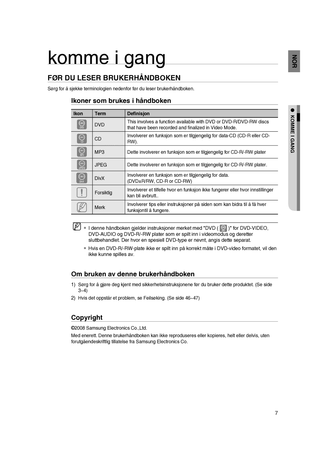 Samsung RTS-HE10T/XEE manual Komme i gang, FØR DU Leser Brukerhåndboken, Ikoner som brukes i håndboken, Komme I Gang 