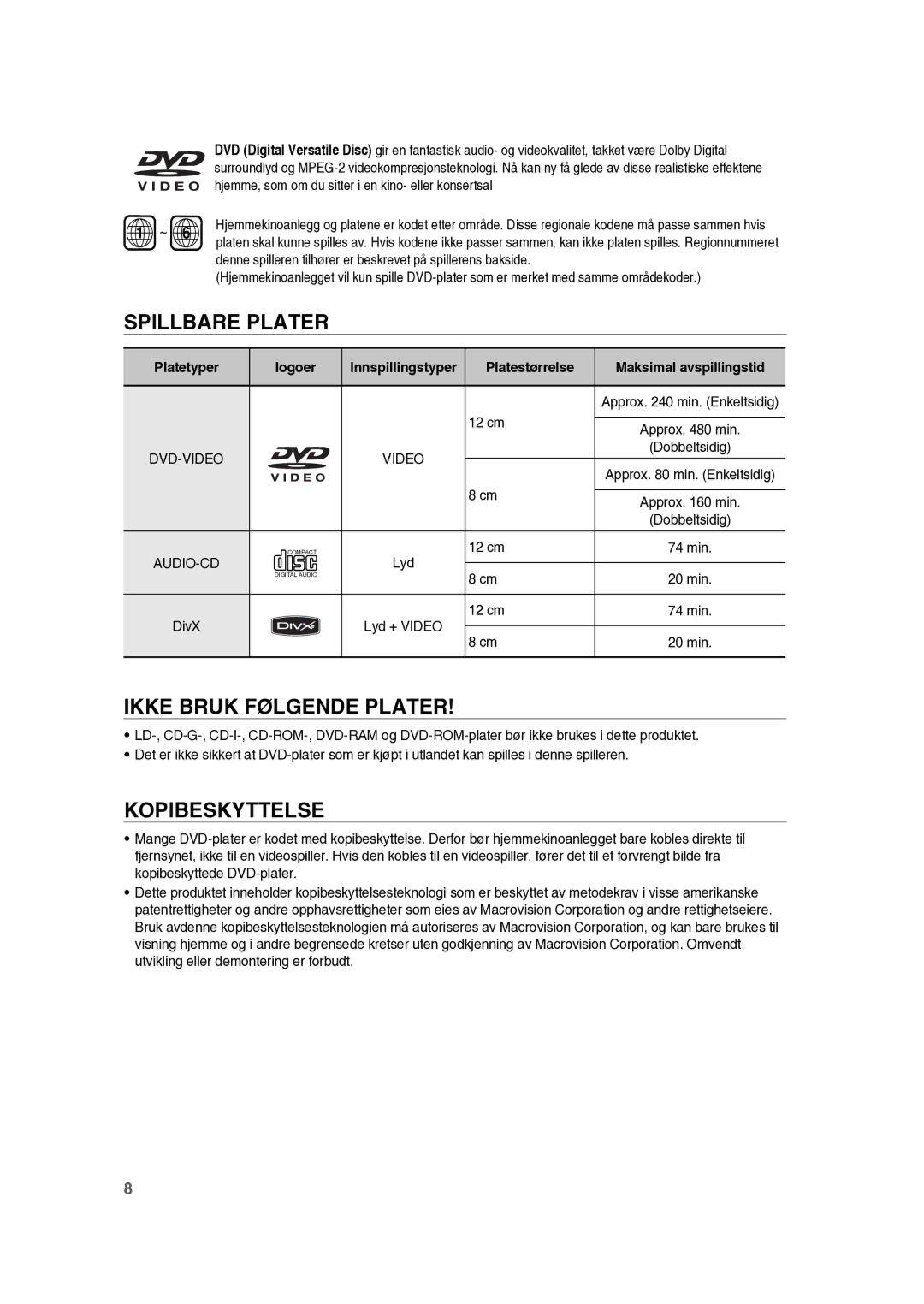 Samsung RTS-HE10T/XEE manual Spillbare Plater, Ikke Bruk Følgende Plater, Platestørrelse 