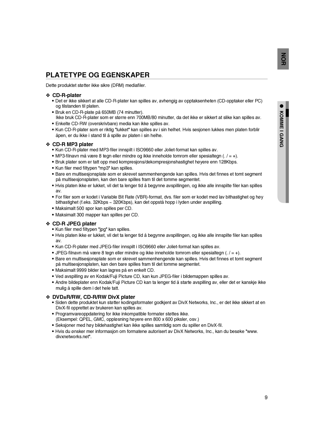 Samsung RTS-HE10T/XEE manual Platetype OG Egenskaper, CD-R-plater, CD-R MP3 plater, CD-R Jpeg plater 