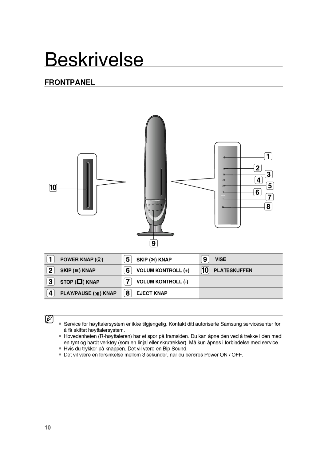 Samsung RTS-HE10T/XEE manual Beskrivelse, Eject Knap 