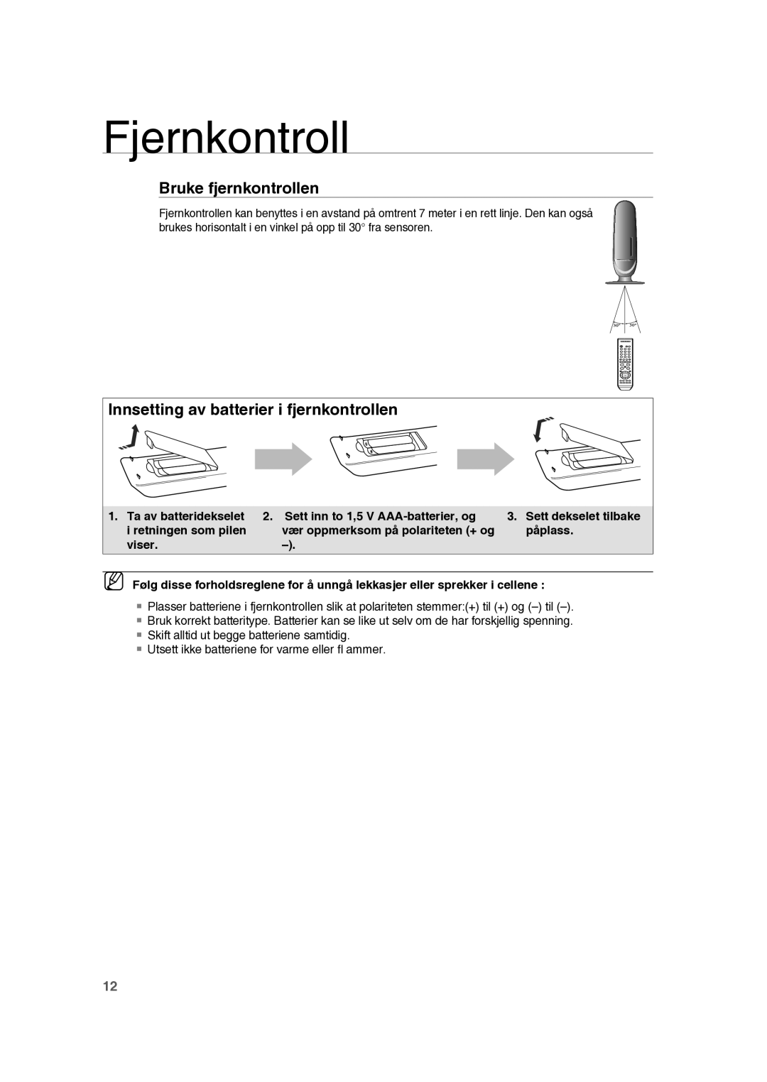 Samsung RTS-HE10T/XEE manual Fjernkontroll, Bruke fjernkontrollen, Innsetting av batterier i fjernkontrollen 