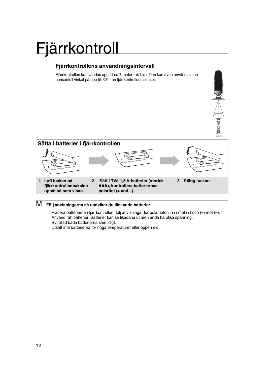 Samsung RTS-HE10T/XEE manual Fjärrkontrollens användningsintervall, Sätta i batterier i fjärrkontrollen 