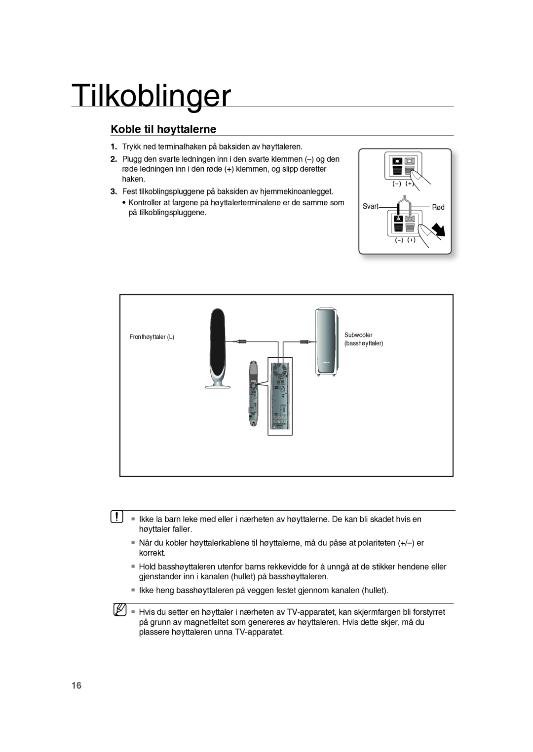 Samsung RTS-HE10T/XEE manual Koble til høyttalerne, På tilkoblingspluggene 