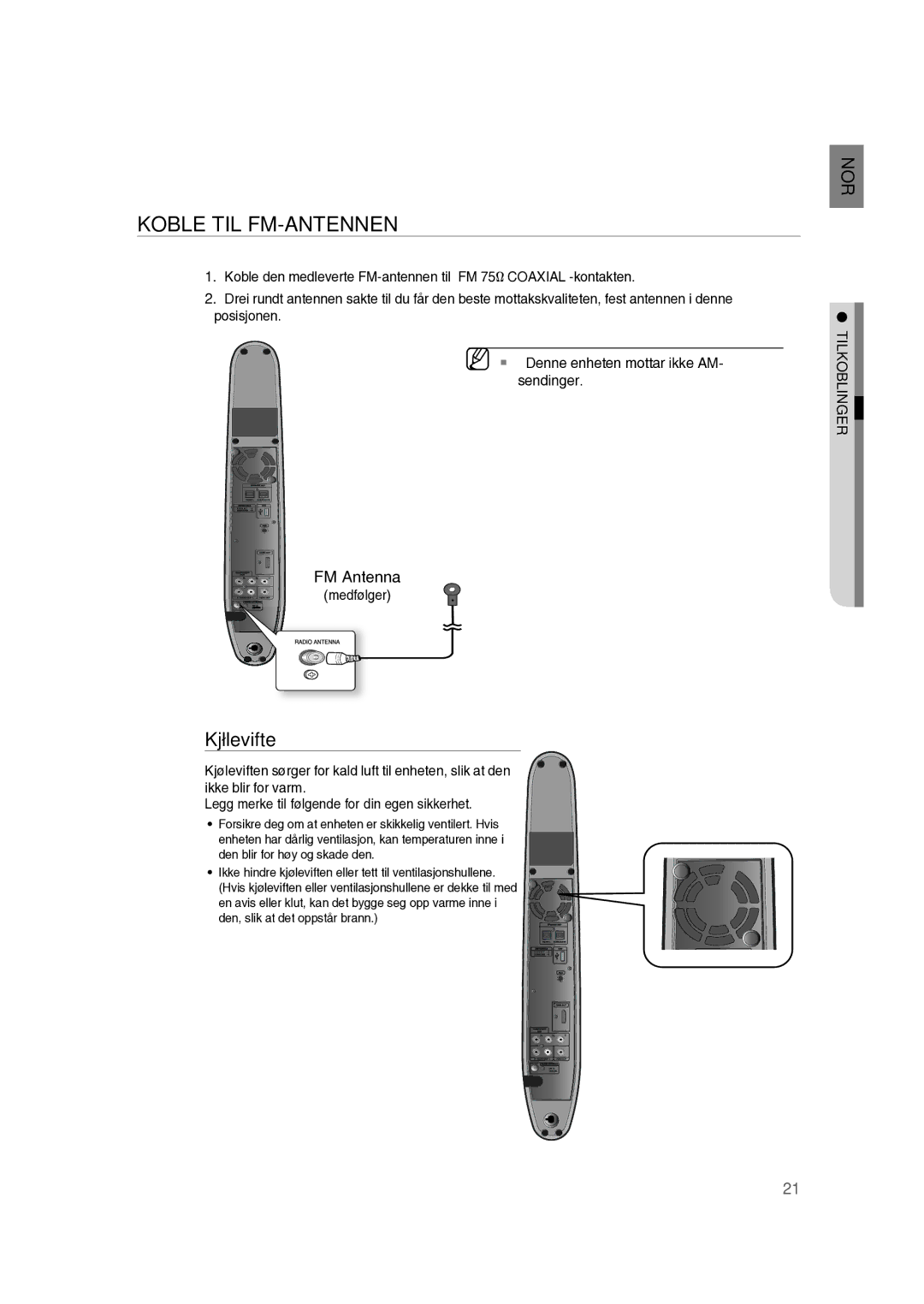 Samsung RTS-HE10T/XEE manual Koble TIL FM-ANTENNEN, Kjølevifte, Medfølger 