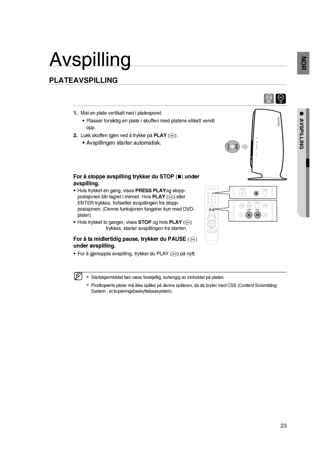 Samsung RTS-HE10T/XEE manual Avspilling, Plateavspilling, For å stoppe avspilling trykker du Stop  under avspilling 