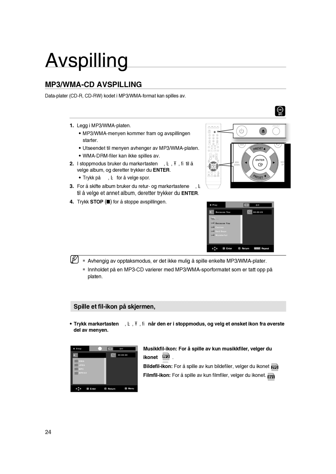 Samsung RTS-HE10T/XEE manual MP3/WMA-CD Avspilling, Trykk Stop for å stoppe avspillingen 