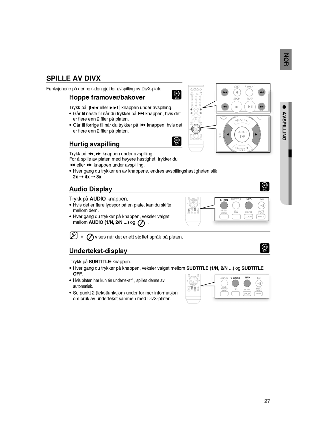 Samsung RTS-HE10T/XEE manual Spille AV Divx, Hoppe framover/bakover, Hurtig avspilling, Audio Display, Undertekst-display 