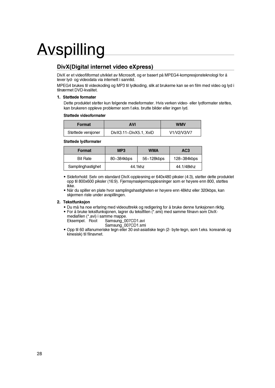 Samsung RTS-HE10T/XEE manual Støttede formater, Støttede videoformater Format, Tekstfunksjon 