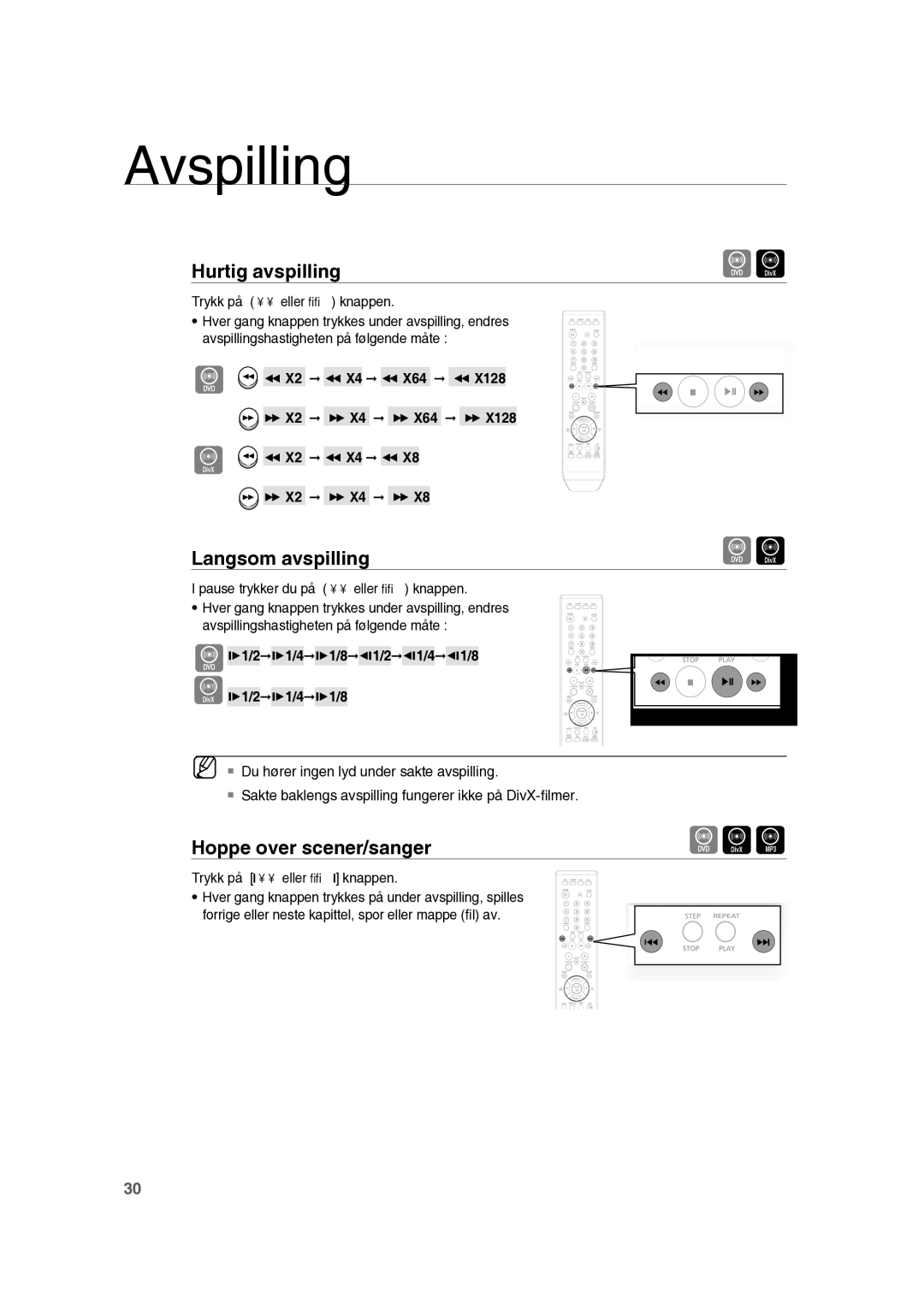 Samsung RTS-HE10T/XEE manual Langsom avspilling, Hoppe over scener/sanger, Trykk på √√ eller knappen 