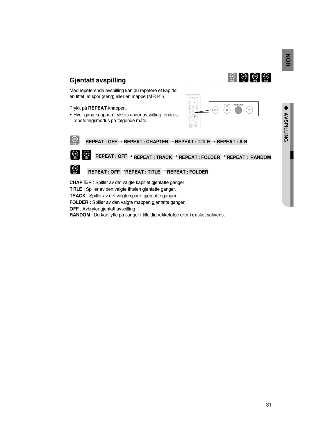 Samsung RTS-HE10T/XEE manual Gjentatt avspilling 