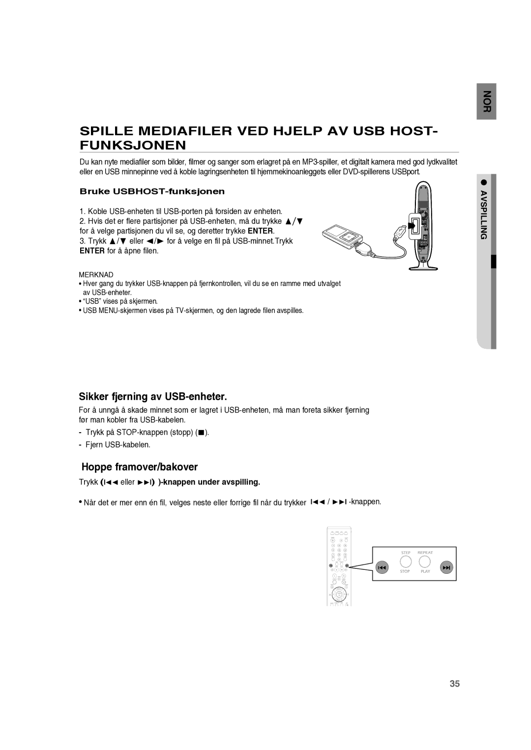 Samsung RTS-HE10T/XEE manual Spille Mediafiler VED Hjelp AV USB HOST- Funksjonen, Sikker fjerning av USB-enheter 