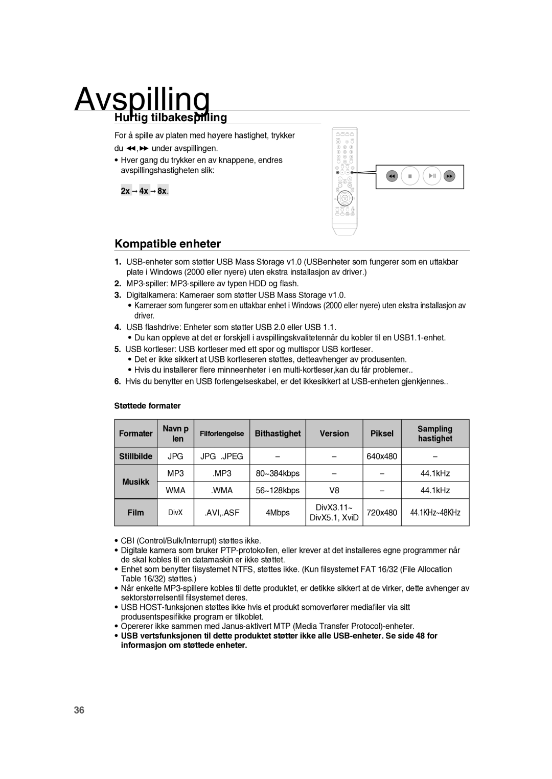 Samsung RTS-HE10T/XEE manual Hurtig tilbakespilling, Kompatible enheter, Støttede formater Formater Navn p, Hastighet 