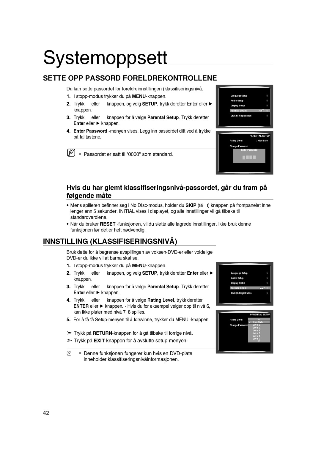 Samsung RTS-HE10T/XEE manual Sette OPP Passord Foreldrekontrollene, Innstilling Klassifiseringsnivå 