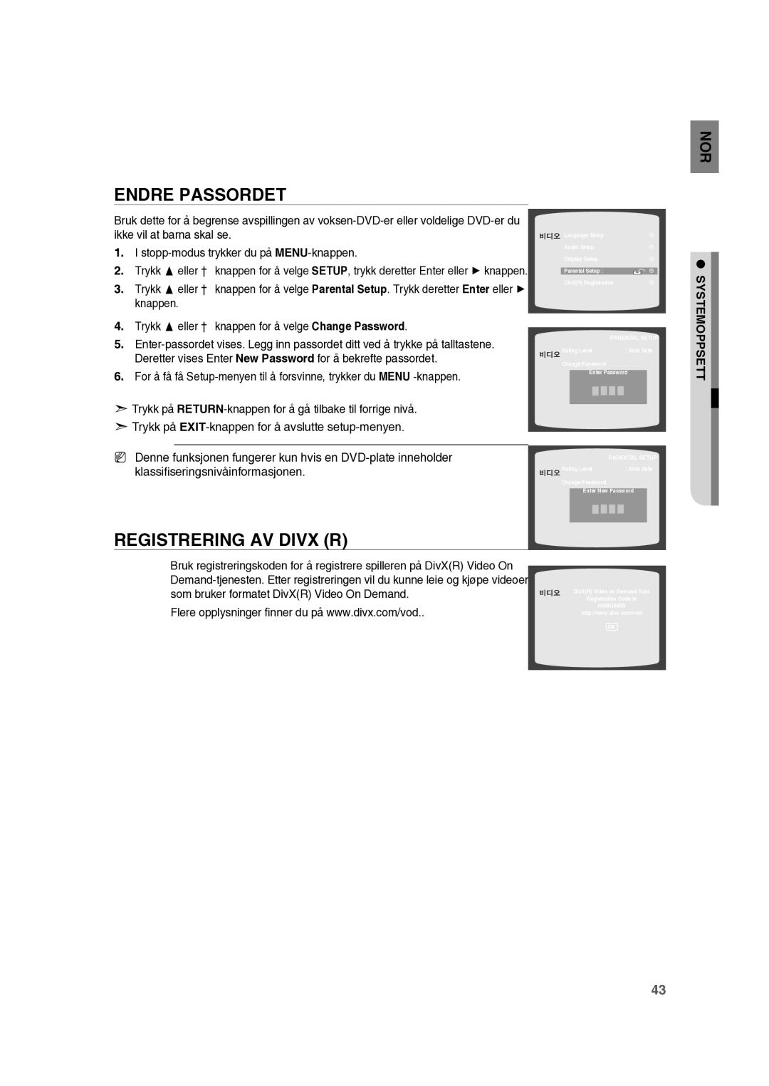 Samsung RTS-HE10T/XEE manual Endre Passordet, Registrering AV Divx R 