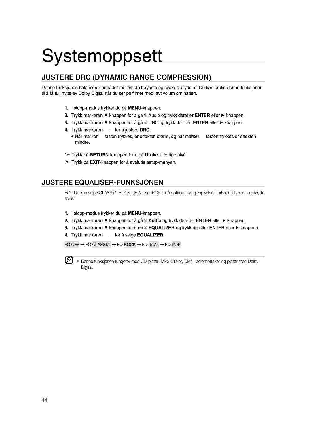 Samsung RTS-HE10T/XEE manual Justere DRC Dynamic Range Compression, Justere EQUALISER-FUNKSJONEN 