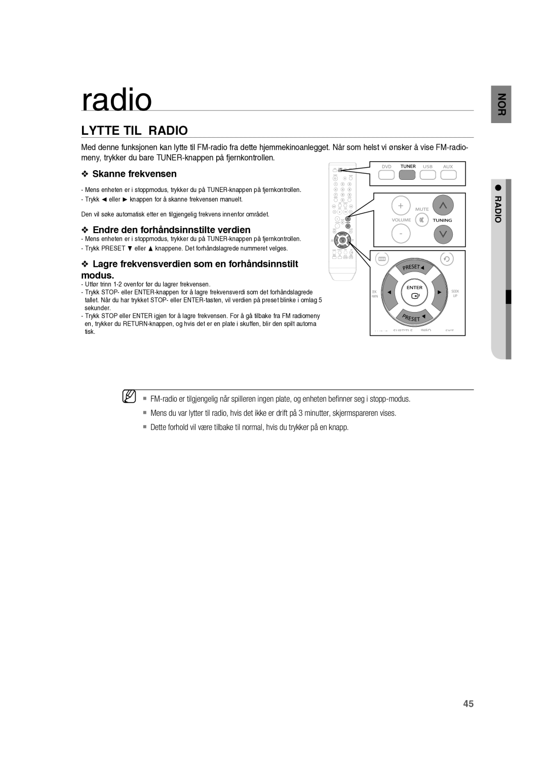 Samsung RTS-HE10T/XEE manual Lytte TIL Radio, Skanne frekvensen, Endre den forhåndsinnstilte verdien 