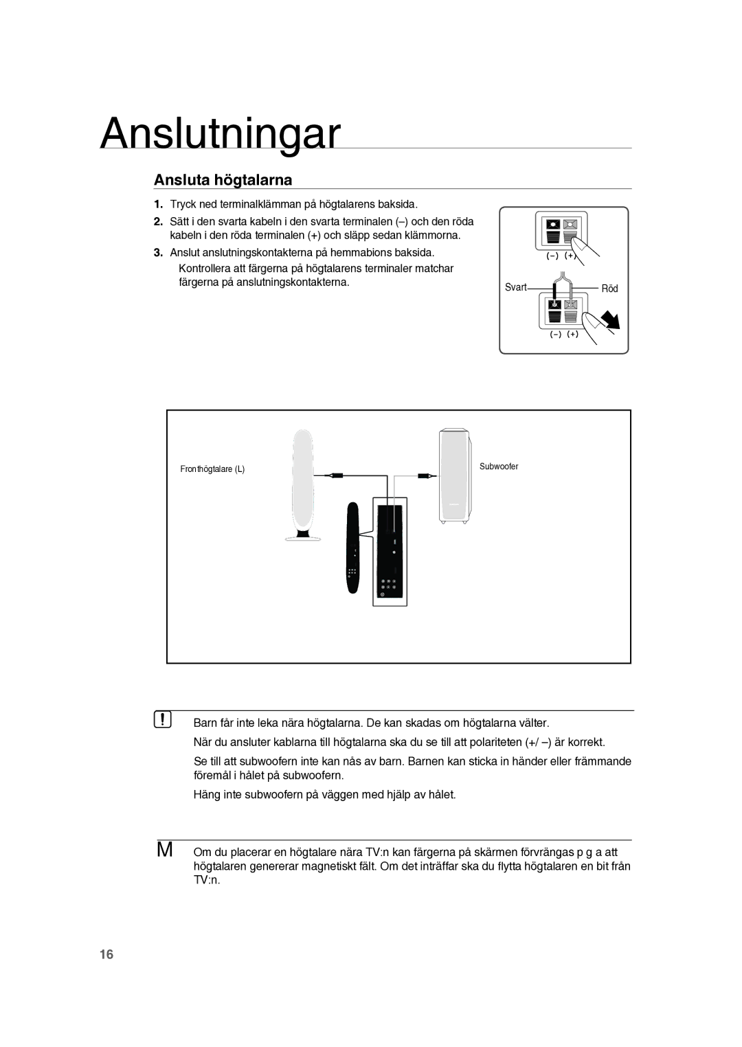 Samsung RTS-HE10T/XEE manual Ansluta högtalarna, Tryck ned terminalklämman på högtalarens baksida 