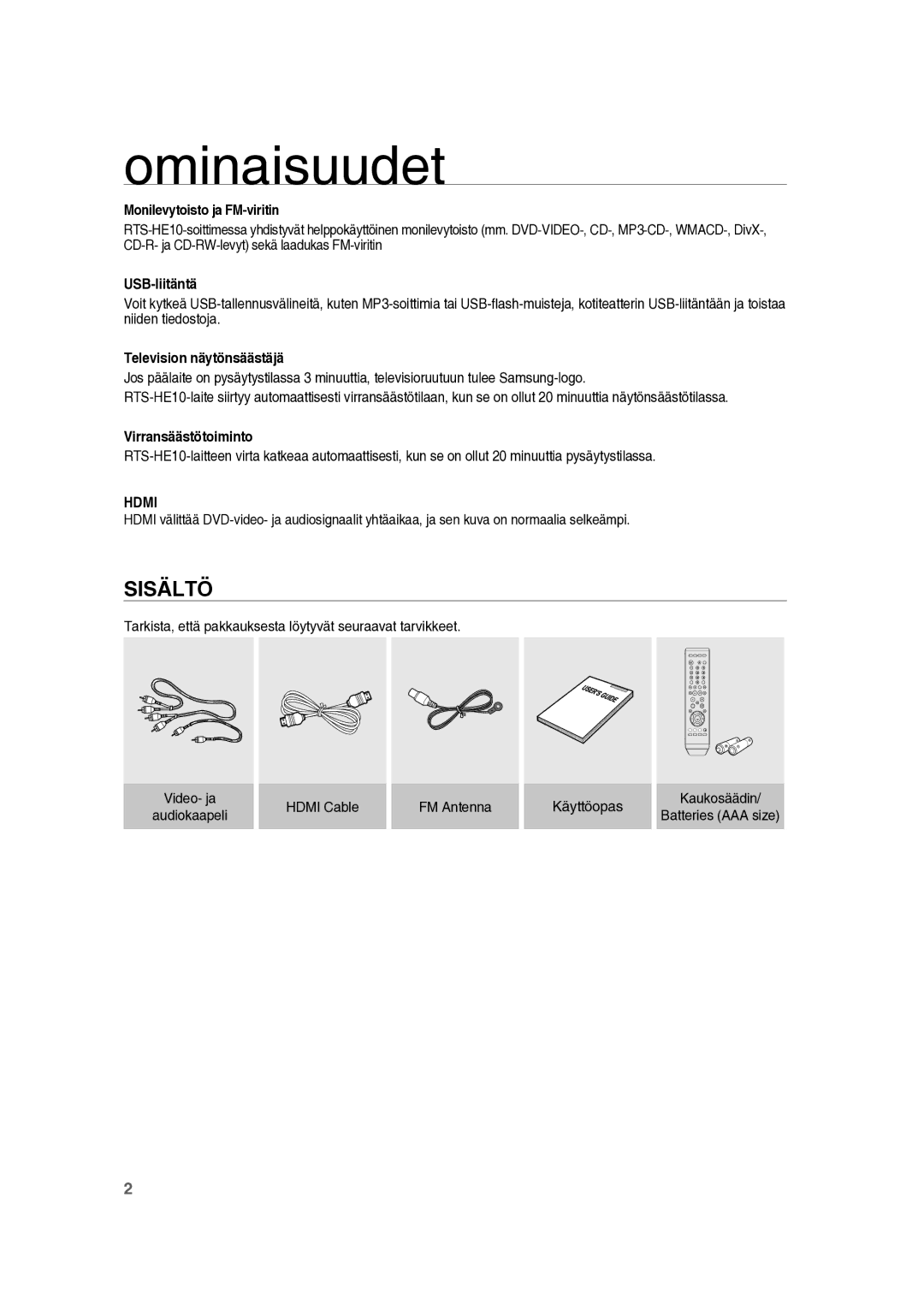 Samsung RTS-HE10T/XEE manual Ominaisuudet, Sisältö 