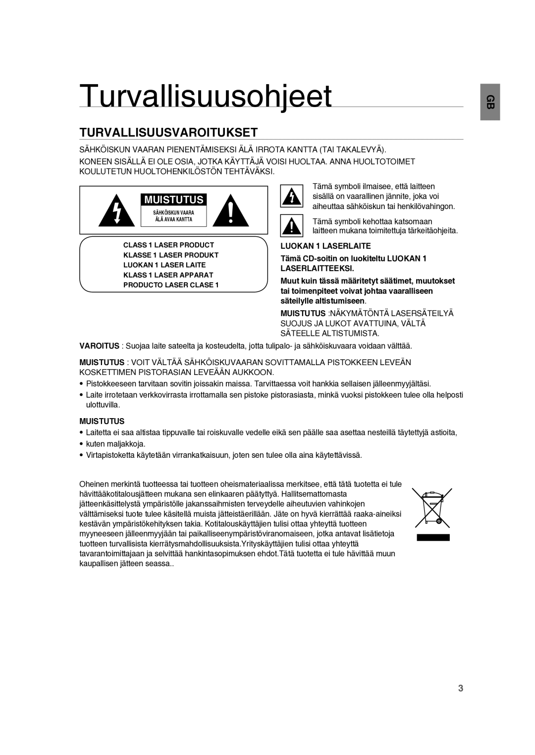 Samsung RTS-HE10T/XEE Turvallisuusohjeet, Turvallisuusvaroitukset, Tämä symboli kehottaa katsomaan, Luokan 1 Laserlaite 