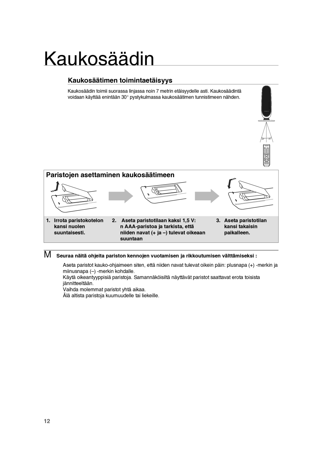 Samsung RTS-HE10T/XEE manual Kaukosäädin, Kaukosäätimen toimintaetäisyys, Paristojen asettaminen kaukosäätimeen 