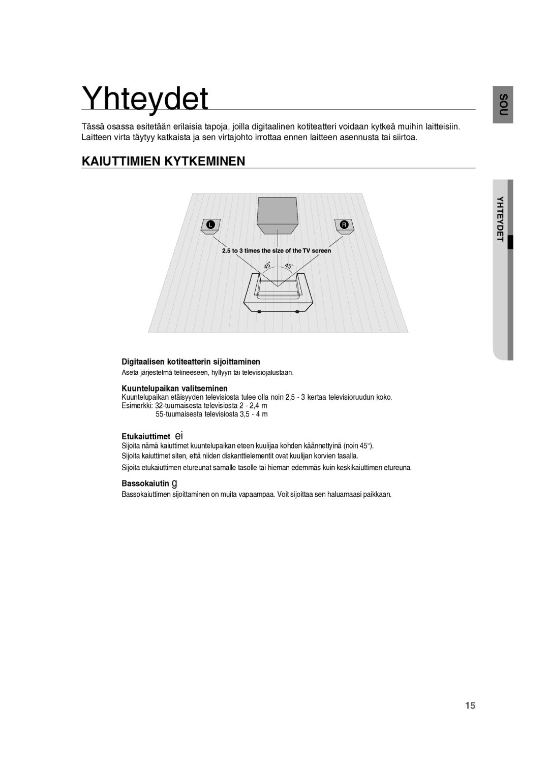 Samsung RTS-HE10T/XEE manual Yhteydet, Kaiuttimien Kytkeminen 