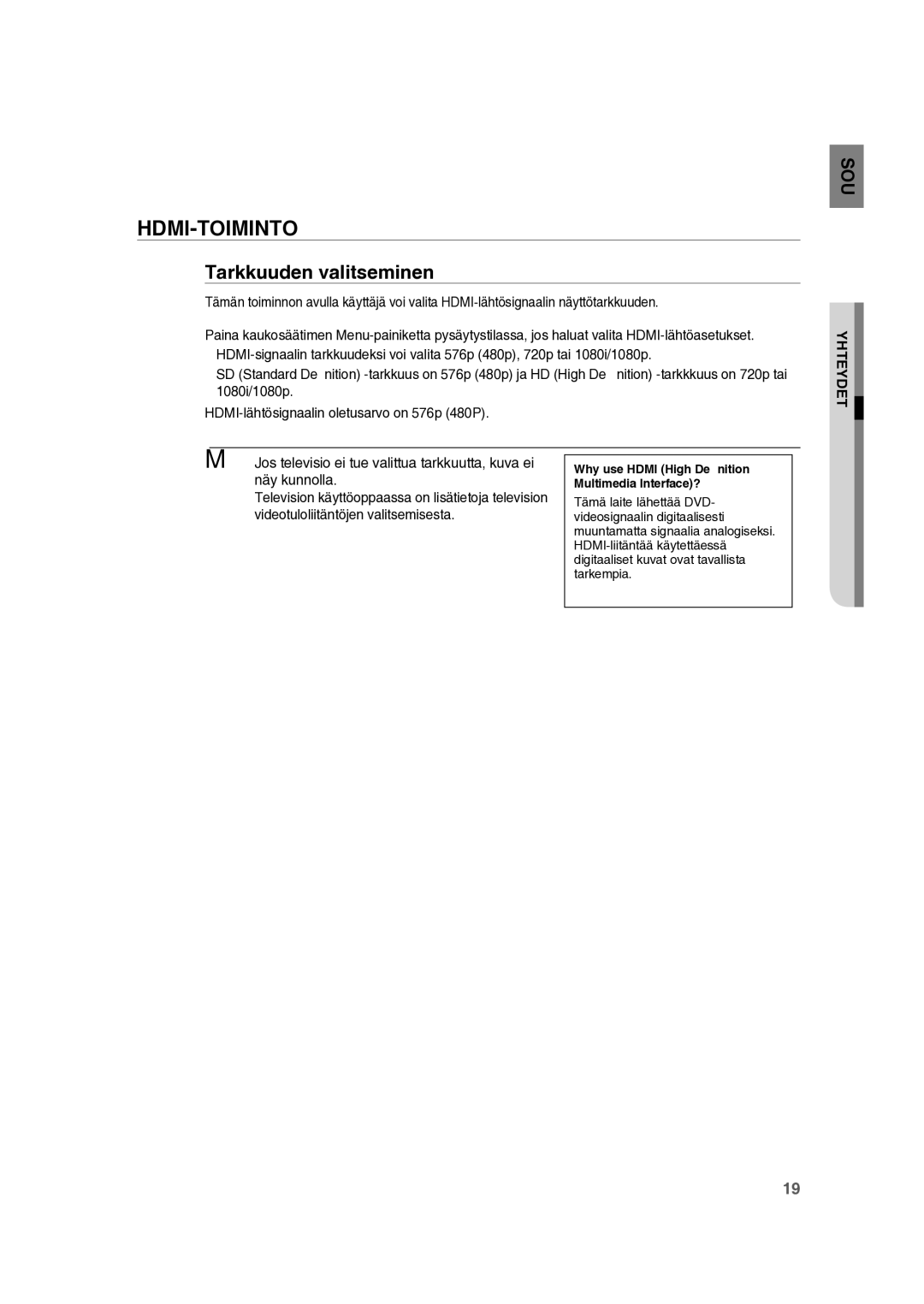 Samsung RTS-HE10T/XEE manual Hdmi-Toiminto, Tarkkuuden valitseminen 