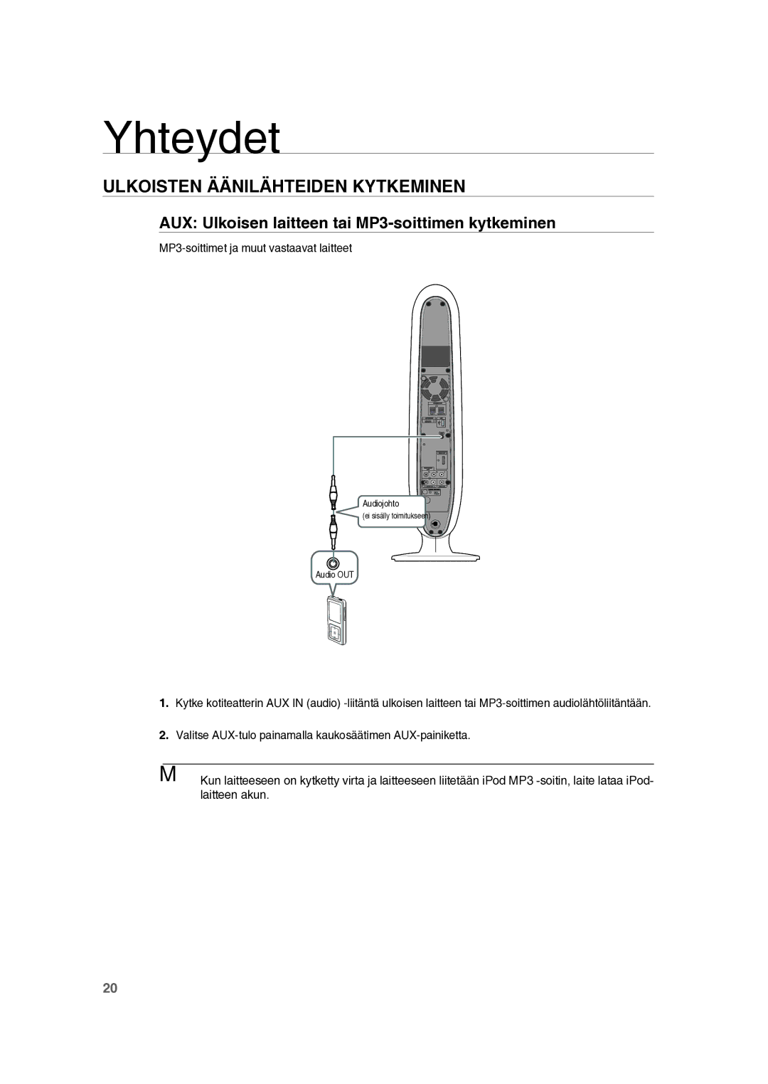 Samsung RTS-HE10T/XEE manual Ulkoisten Äänilähteiden Kytkeminen, AUX Ulkoisen laitteen tai MP3-soittimen kytkeminen 