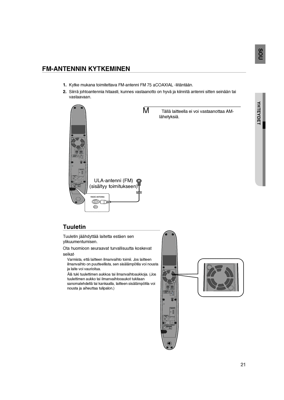 Samsung RTS-HE10T/XEE manual FM-ANTENNIN Kytkeminen, Tuuletin 