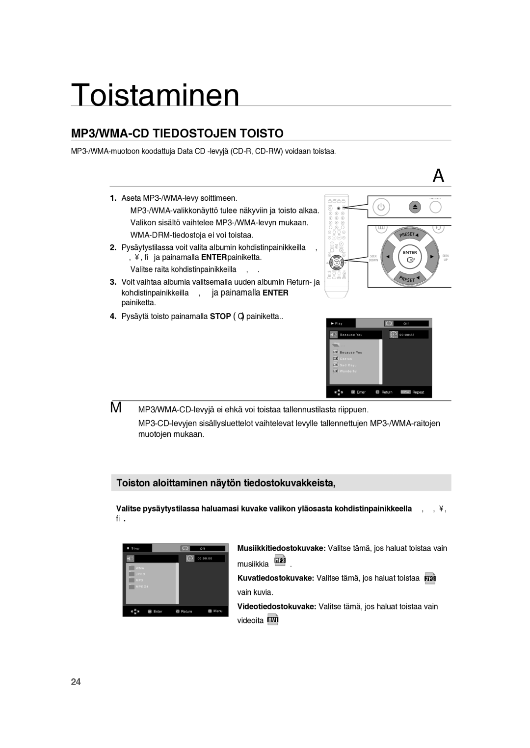 Samsung RTS-HE10T/XEE manual MP3/WMA-CD Tiedostojen Toisto, Toiston aloittaminen näytön tiedostokuvakkeista 