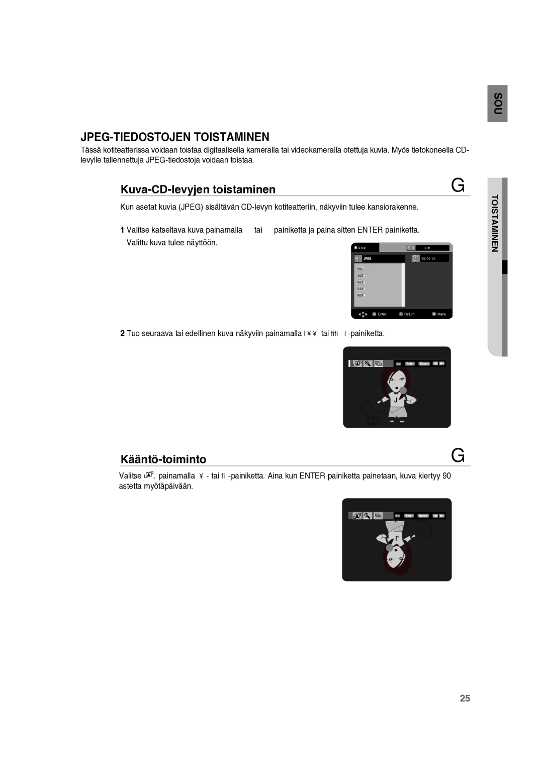 Samsung RTS-HE10T/XEE manual JPEG-TIEDOSTOJEN Toistaminen, Kuva-CD-levyjen toistaminen, Kääntö-toiminto 