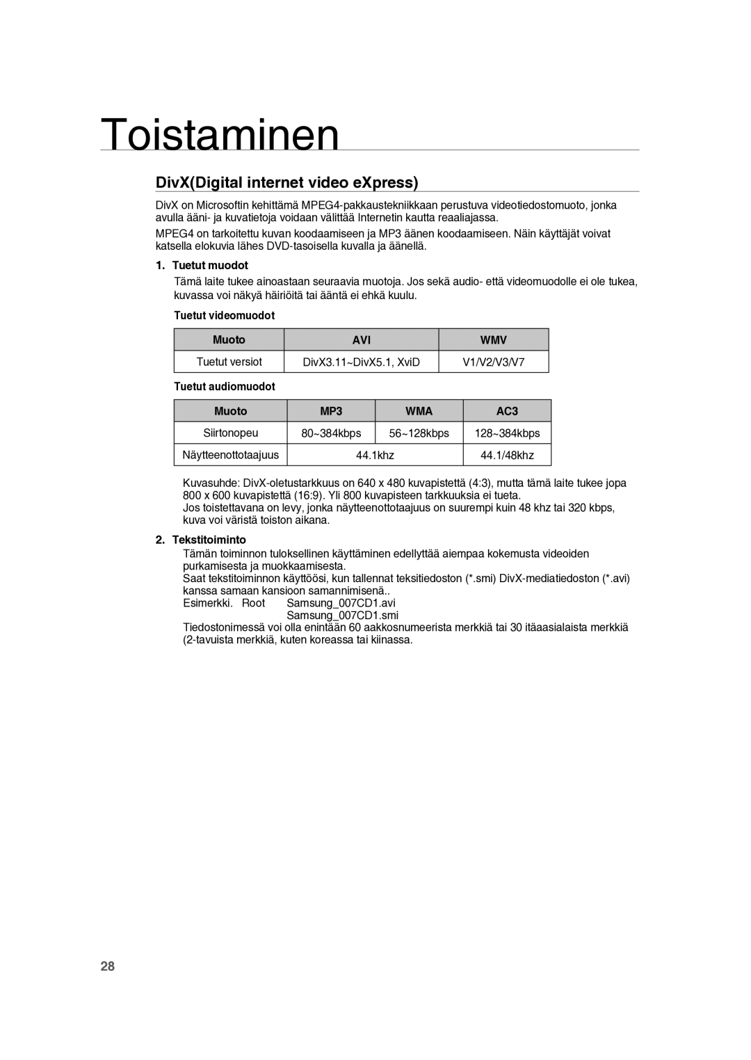 Samsung RTS-HE10T/XEE manual Tuetut muodot, Tuetut videomuodot Muoto, Tuetut audiomuodot, Tekstitoiminto 