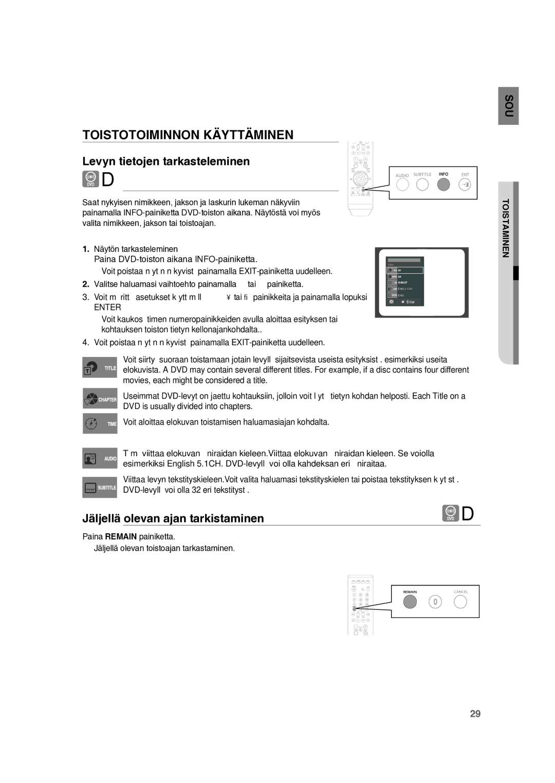 Samsung RTS-HE10T/XEE Toistotoiminnon Käyttäminen, Levyn tietojen tarkasteleminen, Jäljellä olevan ajan tarkistaminen 