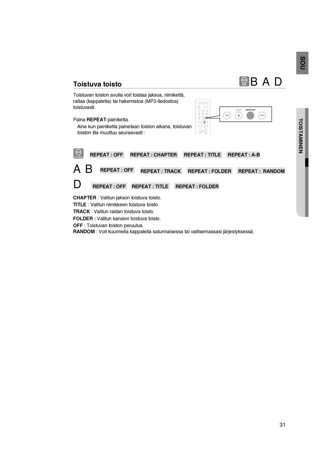 Samsung RTS-HE10T/XEE manual Toistuva toisto 