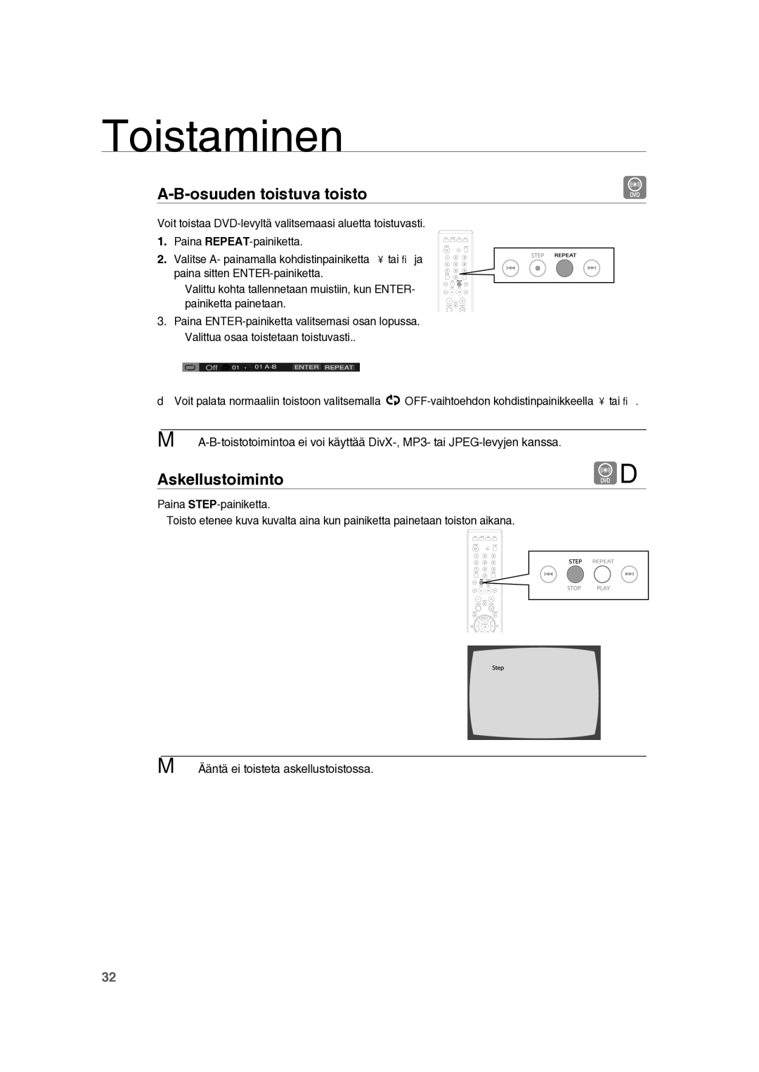 Samsung RTS-HE10T/XEE manual Osuuden toistuva toisto, Askellustoiminto 